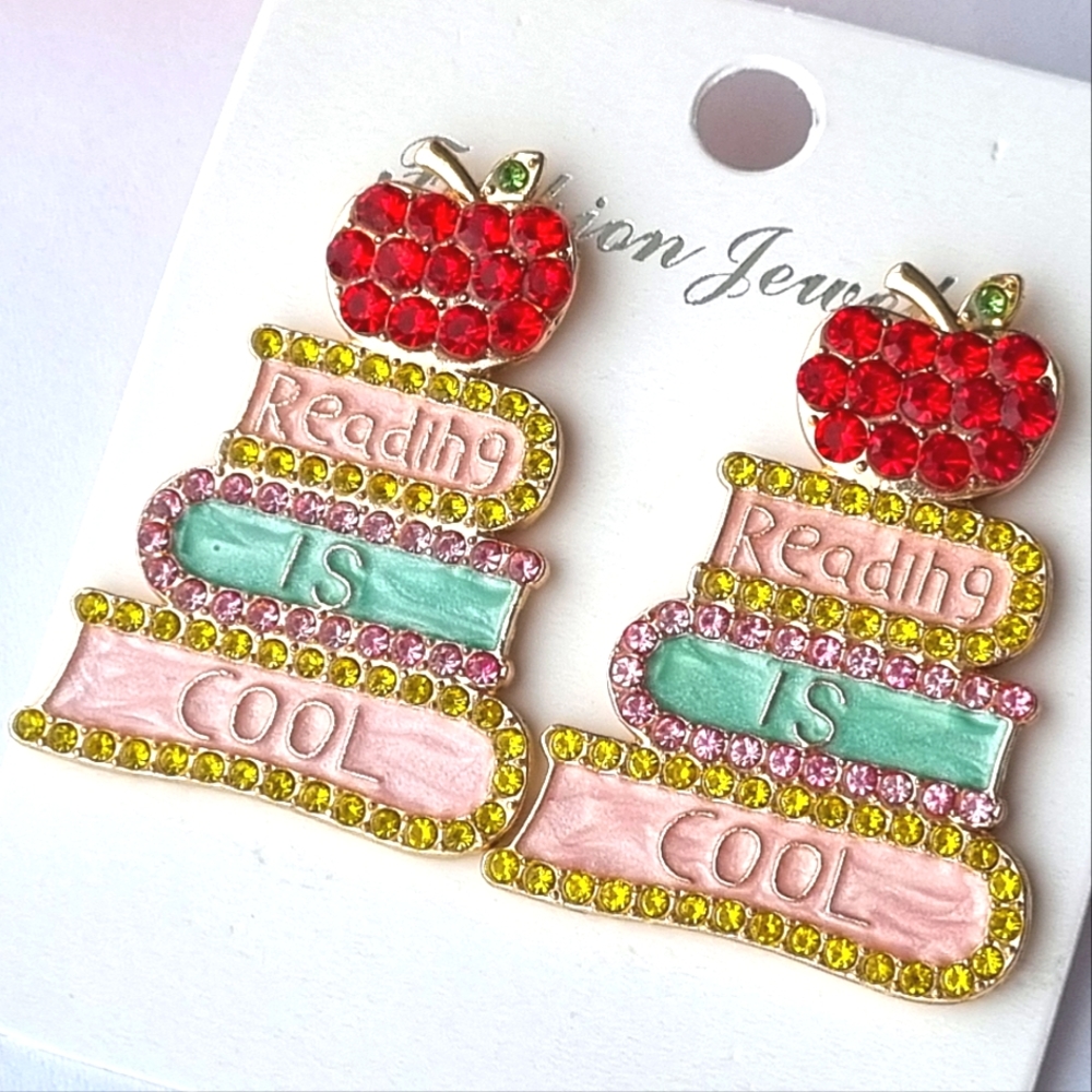 Statement Earrings | Diamantè Encrusted | Reading is Cool | Novelty Gift 🍎📚 - Picture 9 of 9